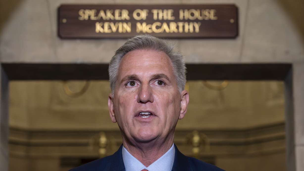 Speaker of the House Kevin McCarthy, R-Calif., speaks at the Capitol in Washington, Tuesday. McCarthy says he's directing a House committee to open a formal impeachment inquiry into President Joe Biden.