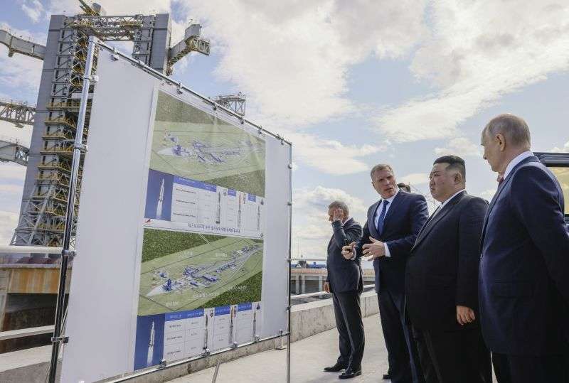 Russian President Vladimir Putin and North Korea's leader Kim Jong Un examine a launch pad of Angara rockets during their meeting at the Vostochny cosmodrome outside the city of Tsiolkovsky, about 125 miles from the city of Blagoveshchensk in the far eastern Amur region, Russia, on Wednesday.