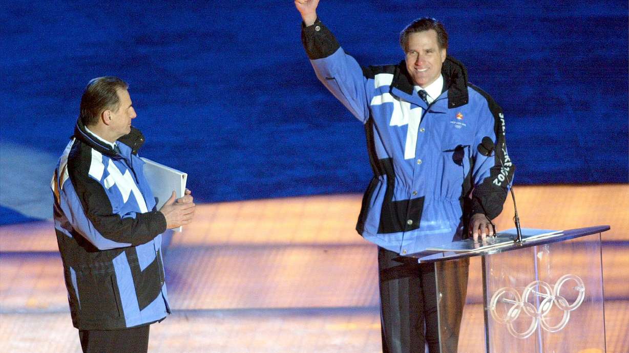 Mitt Romney speaks during the opening ceremonies of the Salt Lake 2002 Winter Olympic Games on Feb. 8, 2002. Now that Mitt Romney has announced he's not running for a second term as a U.S. senator from Utah, is there a role for the former leader of the 2002 Winter Games in the state's efforts to host another Olympics?
