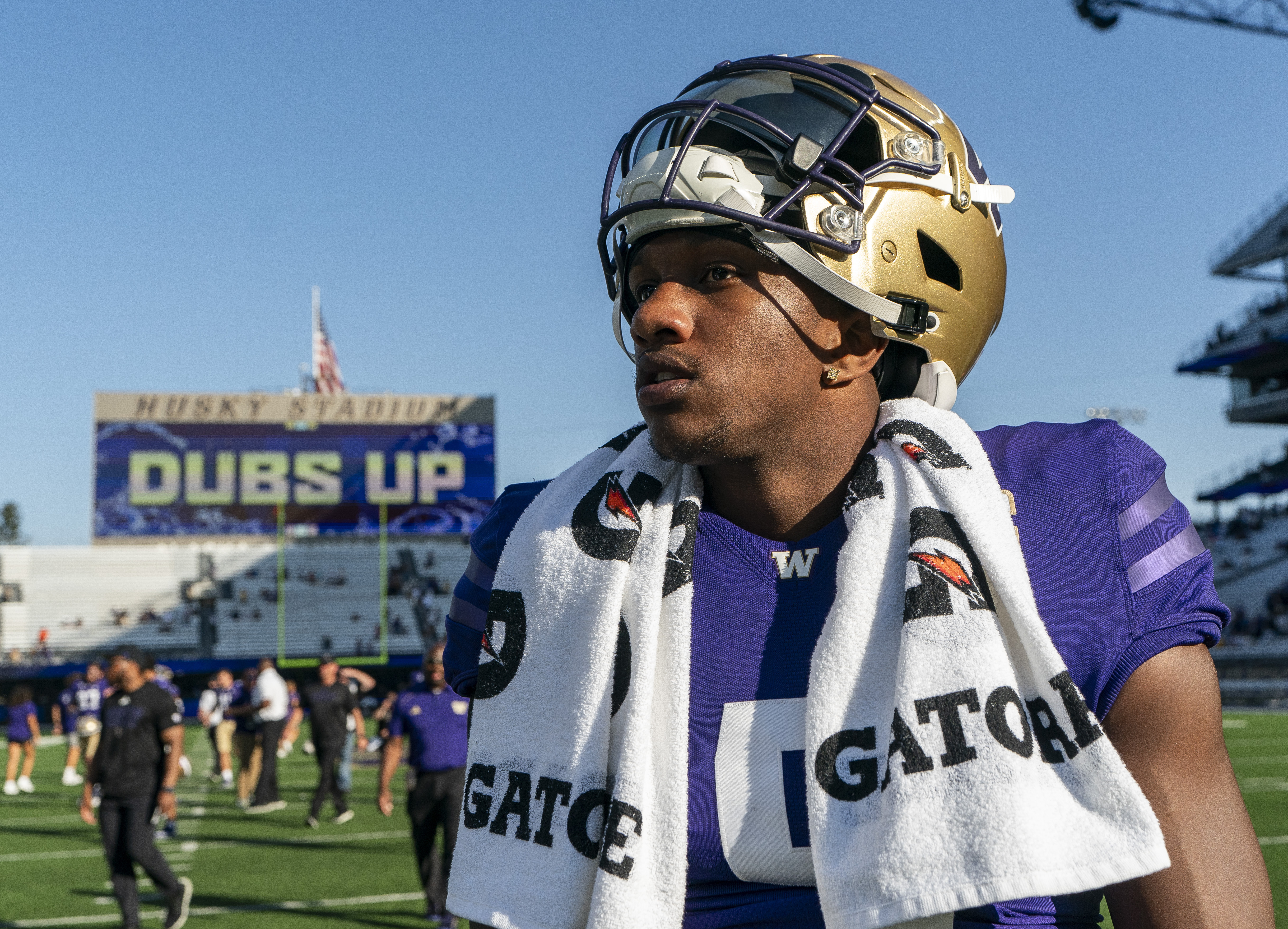 Washington quarterback Michael Penix Jr. walks on the field after a win over Tulsa in an NCAA college football game Saturday, Sept. 9, 2023, in Seattle. 
