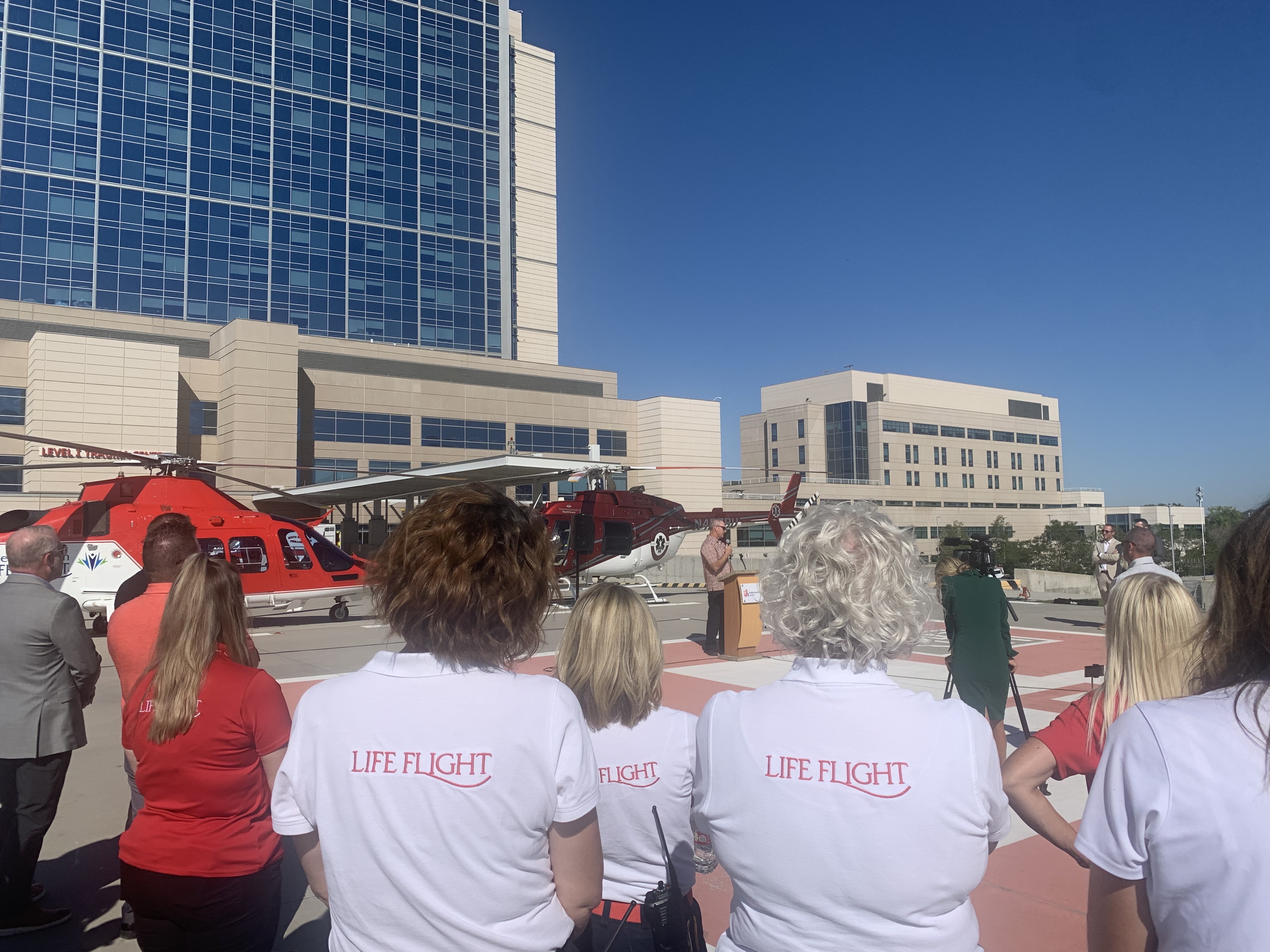 Jake Blackwelder speaks at a celebration of Intermountain Life Flight and Classic Air Medical at the helipad for Intermountain Medical Center in Murray on Thursday.