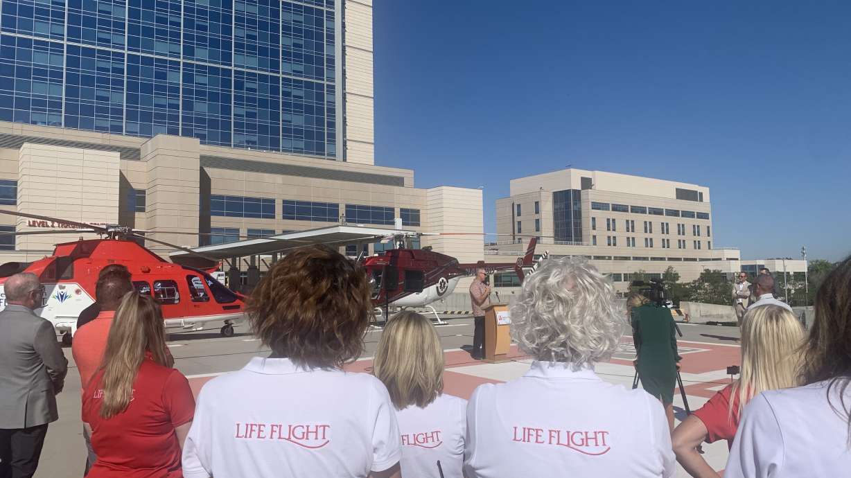 Jake Blackwelder speaks at a celebration of Intermountain Life Flight and Classic Air Medical at the helipad for Intermountain Medical Center in Murray on Thursday.