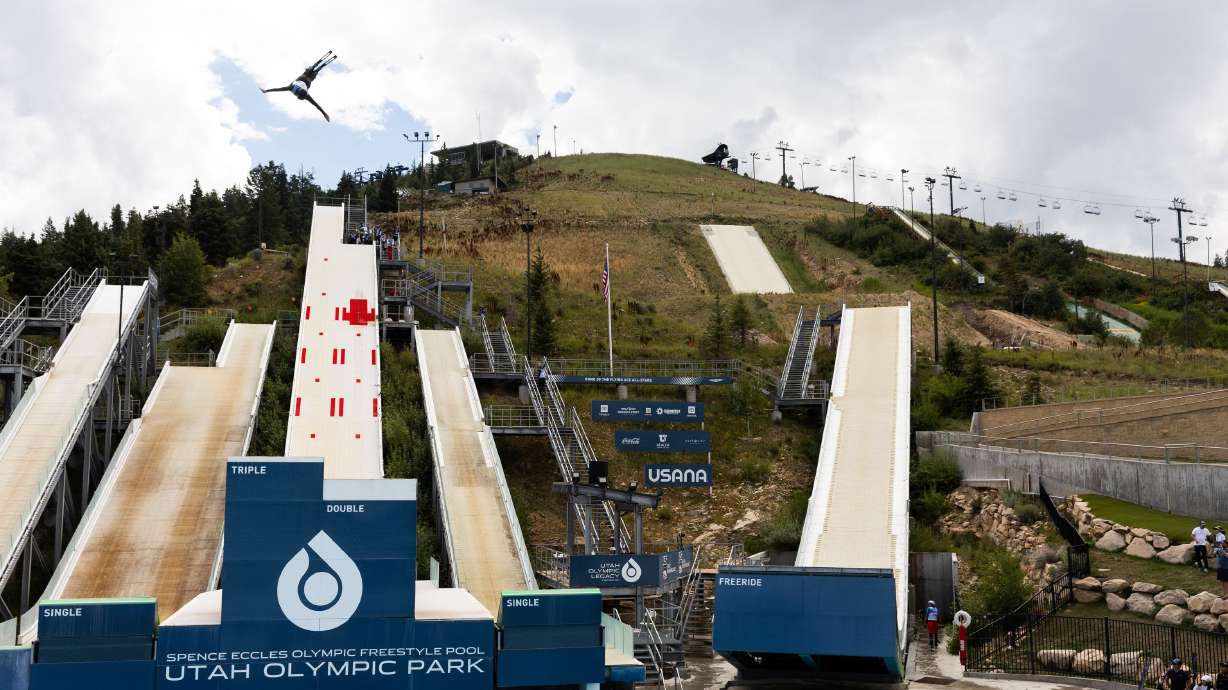 Athletes compete at the 2023 U.S. Freestyle Ultimate Airwave Competition at the Utah Olympic Park in Park City on Aug. 26. Salt Lake City is seen as ‘exceptionally well-prepared’ to host again compared to late entries in the Olympics race, but preference is still for 2034 over 2030.