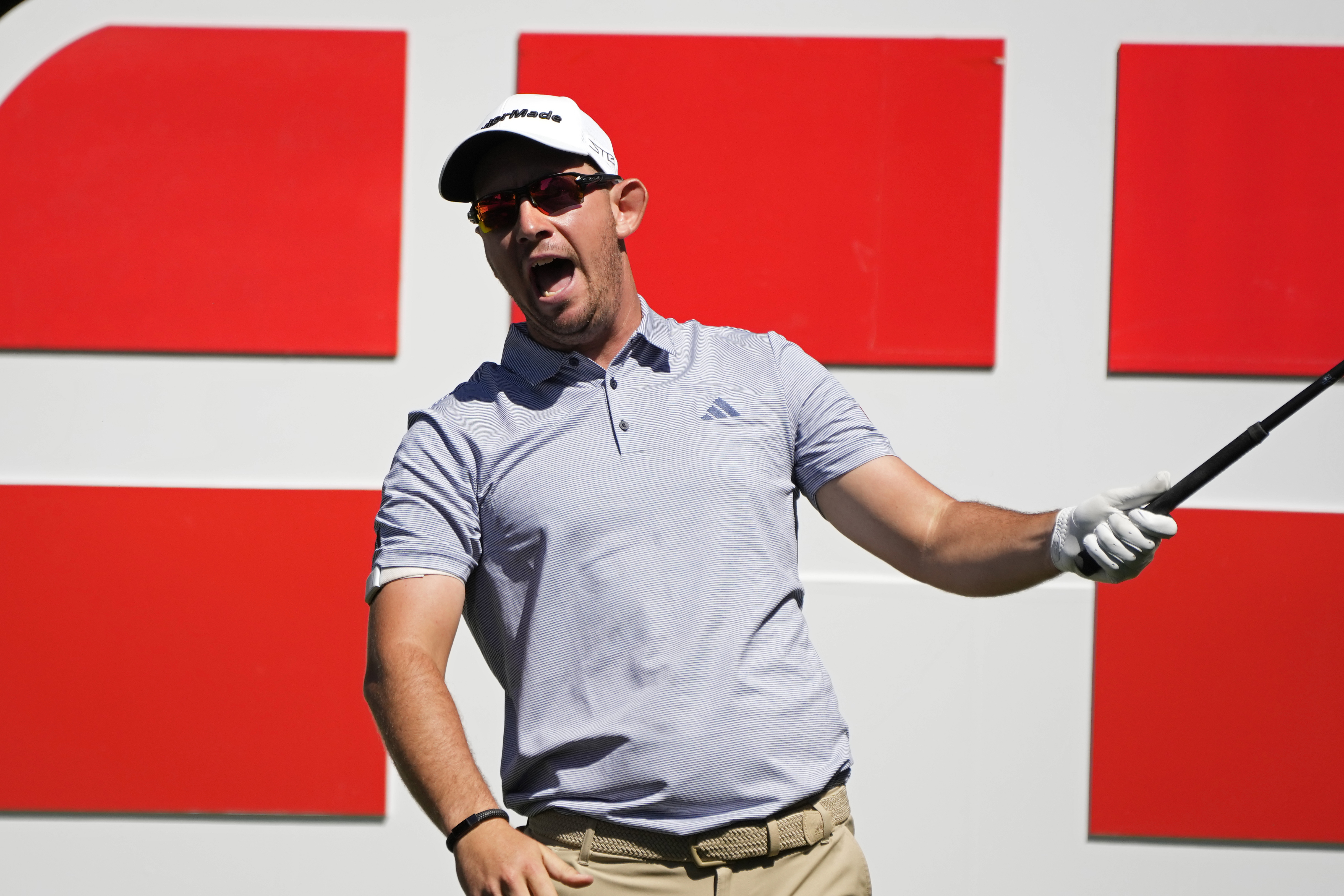 Lucas Herbert, of Australia, yells after hitting the ball left from the 18th tee of the Silverado Resort North Course during the first round of the Fortinet Championship PGA golf tournament in Napa, Calif., Thursday, Sept. 14, 2023.