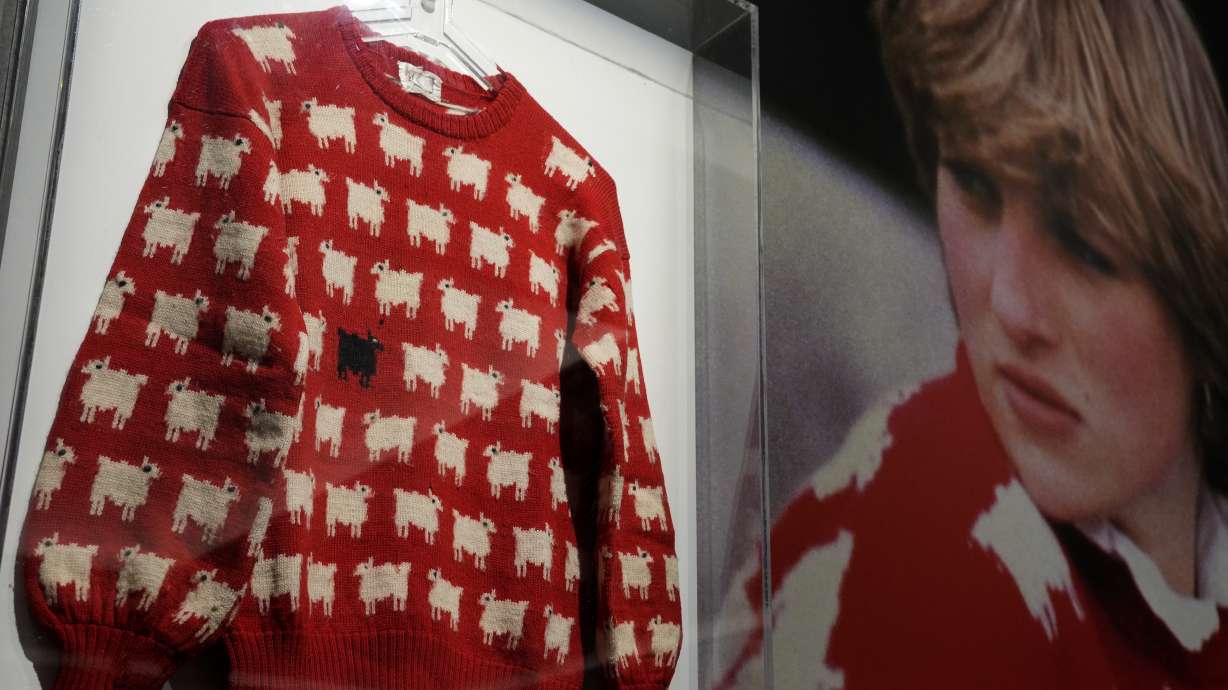 The historic Princess Diana black sheep jumper is on display at the auction house Sotheby's in London on July 17. It recently sold for $1.1 million.