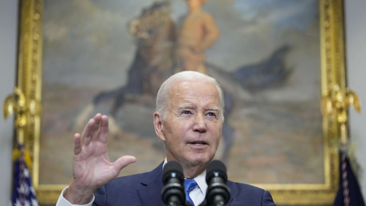 President Joe Biden speaks about the auto workers strike from the Roosevelt Room at the White House in Washington, Friday.