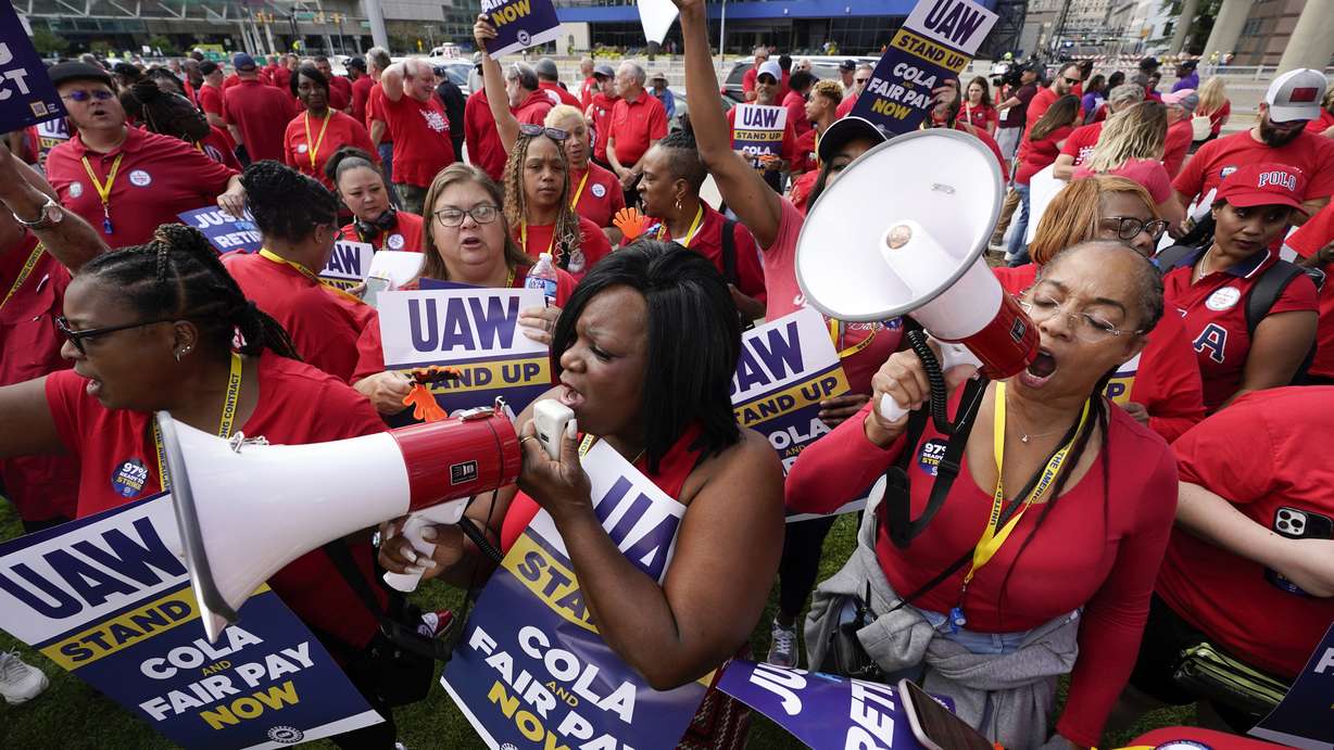 United Auto Workers members attend a rally in Detroit, Friday. The UAW is conducting a strike against Ford, Stellantis and General Motors.
