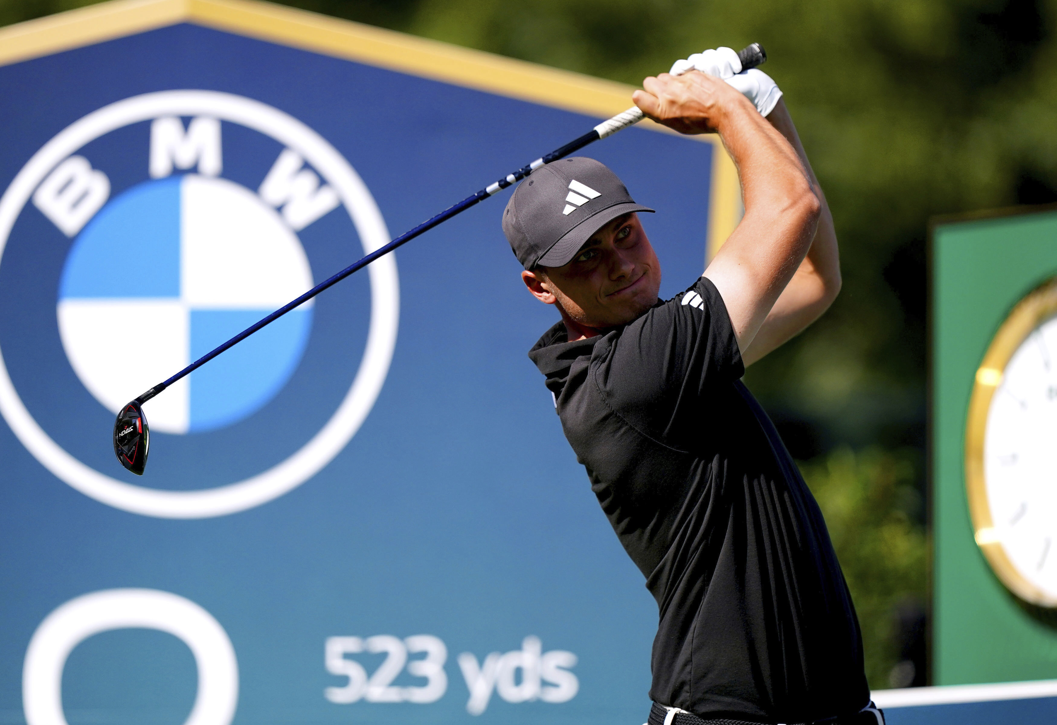 Ludvig Aberg tees off on the 18th during day one of the PGA Championship at Wentworth Golf Club in Virginia Water, Surrey, England, Thursday, Sept. 14, 2023.