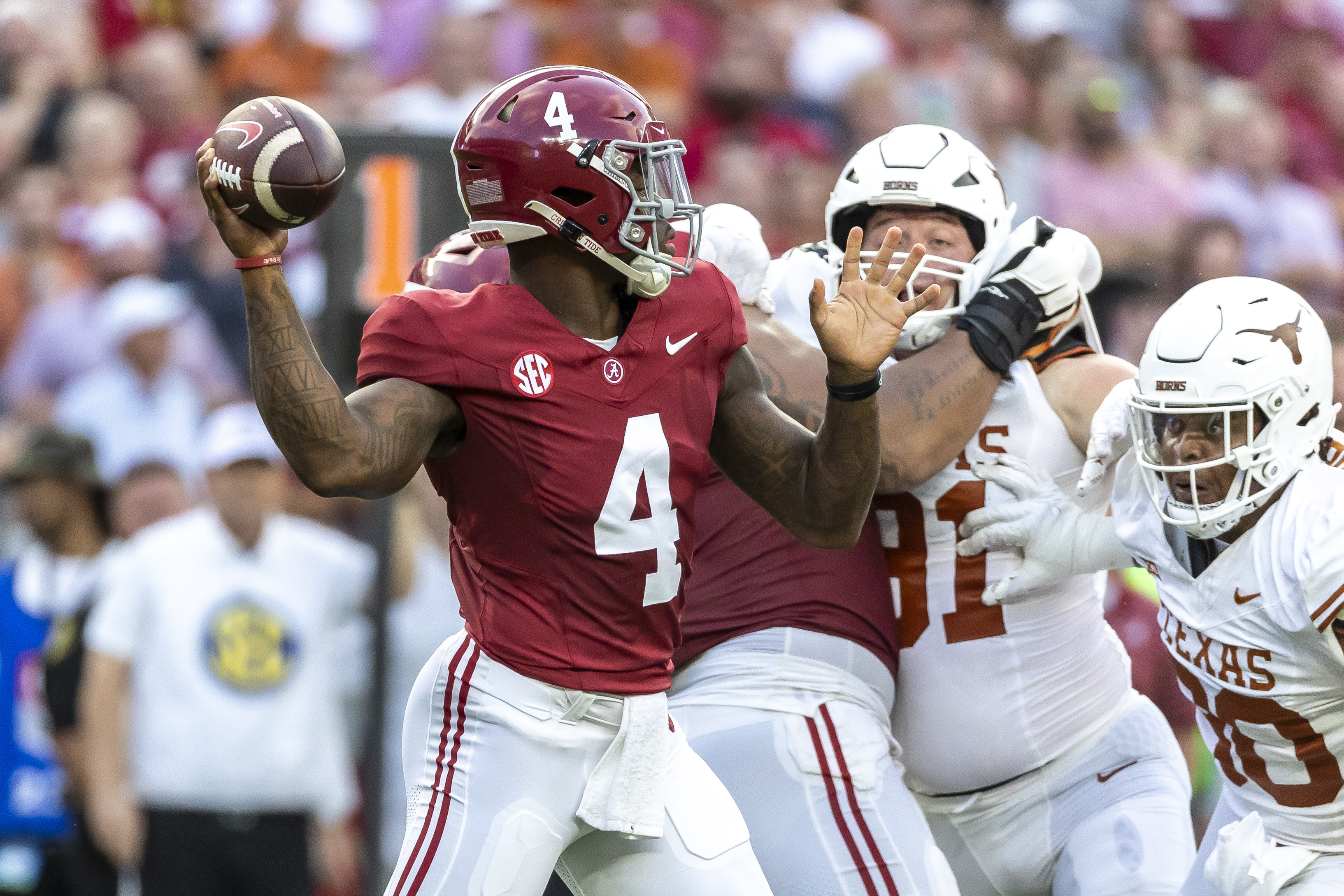 Alabama quarterback Jalen Milroe (4) throws against Texas during the first half of an NCAA college football game, Saturday, Sept. 9, 2023, in Tuscaloosa, Ala. 