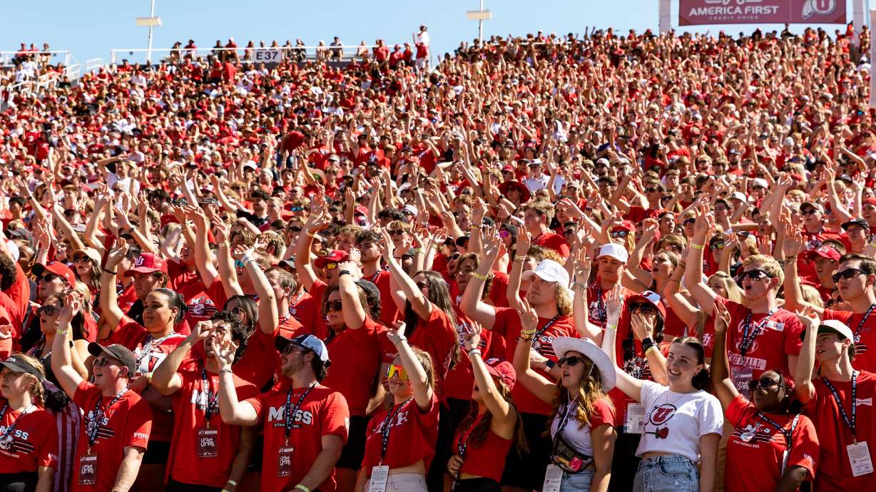The Utah Utes student section makes noise during a third down during their football game against the Weber State Wildcats at Rice-Eccles Stadium in Salt Lake City on Saturday, Sept. 16, 2023.