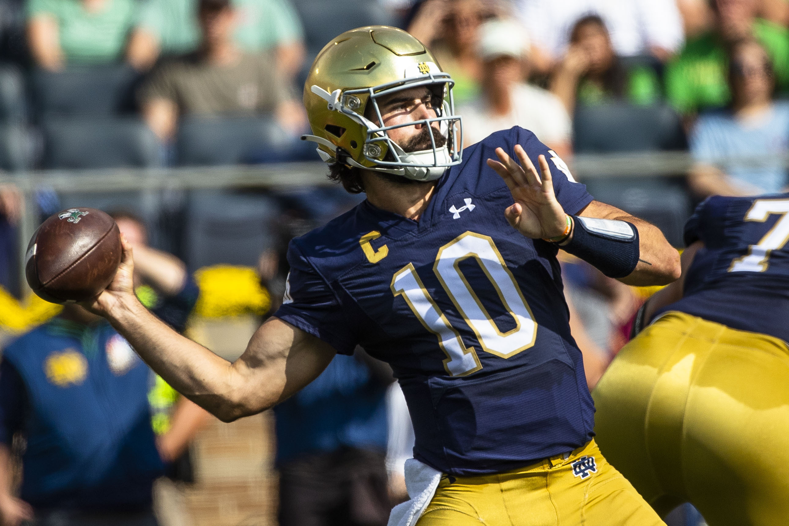 Notre Dame's Sam Hartman (10) throws a pass during the first half of an NCAA college football game against Central Michigan on Saturday, Sept. 16, 2023, in South Bend, Ind.