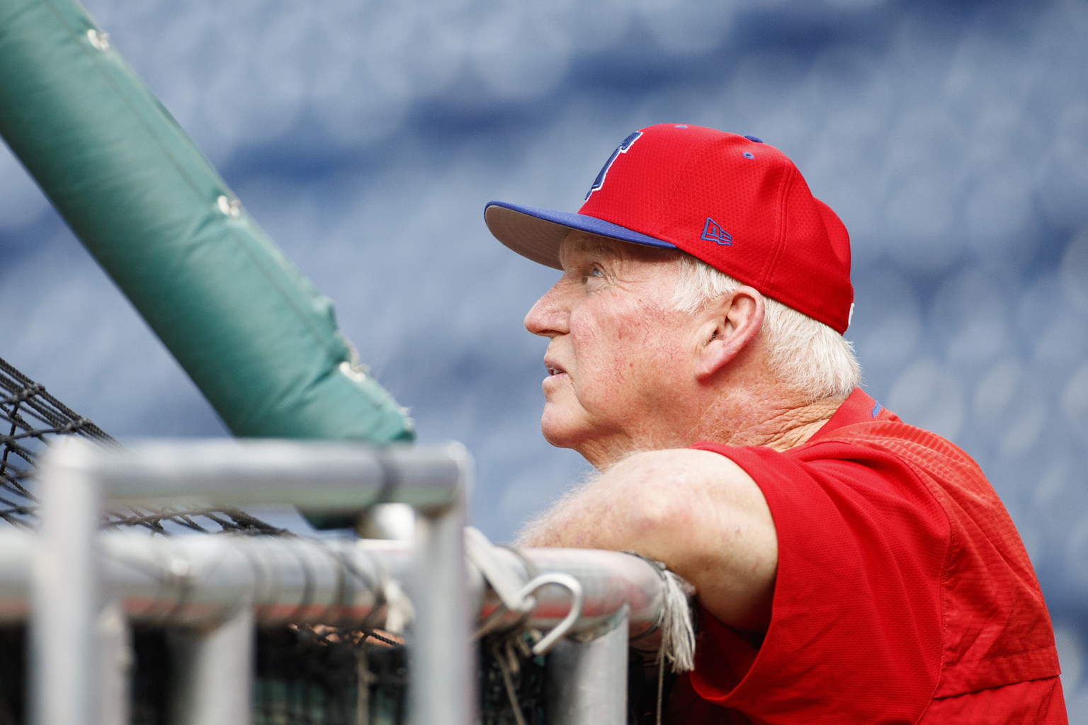 FILE - Philadelphia Phillies hitting coach Charlie Manuel looks on prior to the first inning of a baseball game against the Chicago Cubs, Aug. 14, 2019, in Philadelphia. The Phillies announced Saturday, Sept. 16, 2023, that former manager Manuel has suffered a stroke. Manuel was undergoing a medical procedure in Florida when he was afflicted, the team revealed.