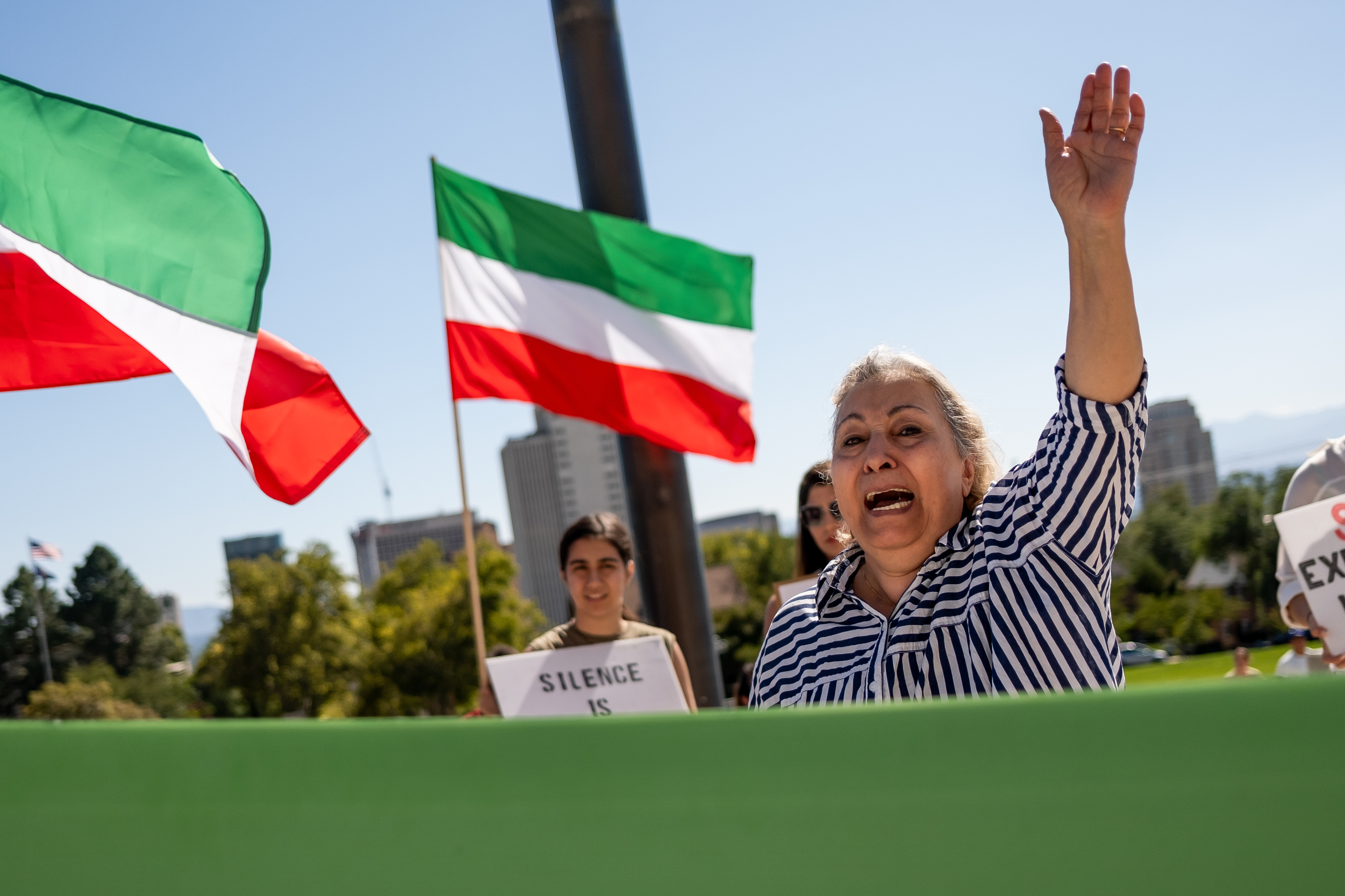 Zahra Hanar, who is from Iran, calls out during a protest against the Iranian regime at the Capitol in Salt Lake City on Saturday. The protest was held on the one-year anniversary of the death of Mahsa Amini, who was arrested by Iran’s morality police.
