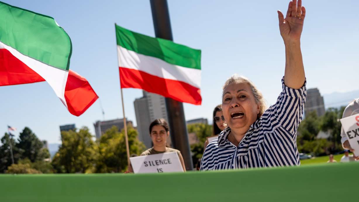 Zahra Hanar, who is from Iran, calls out during a protest against the Iranian regime at the Capitol in Salt Lake City on Saturday. The protest was held on the one-year anniversary of the death of Mahsa Amini, who was arrested by Iran’s morality police.