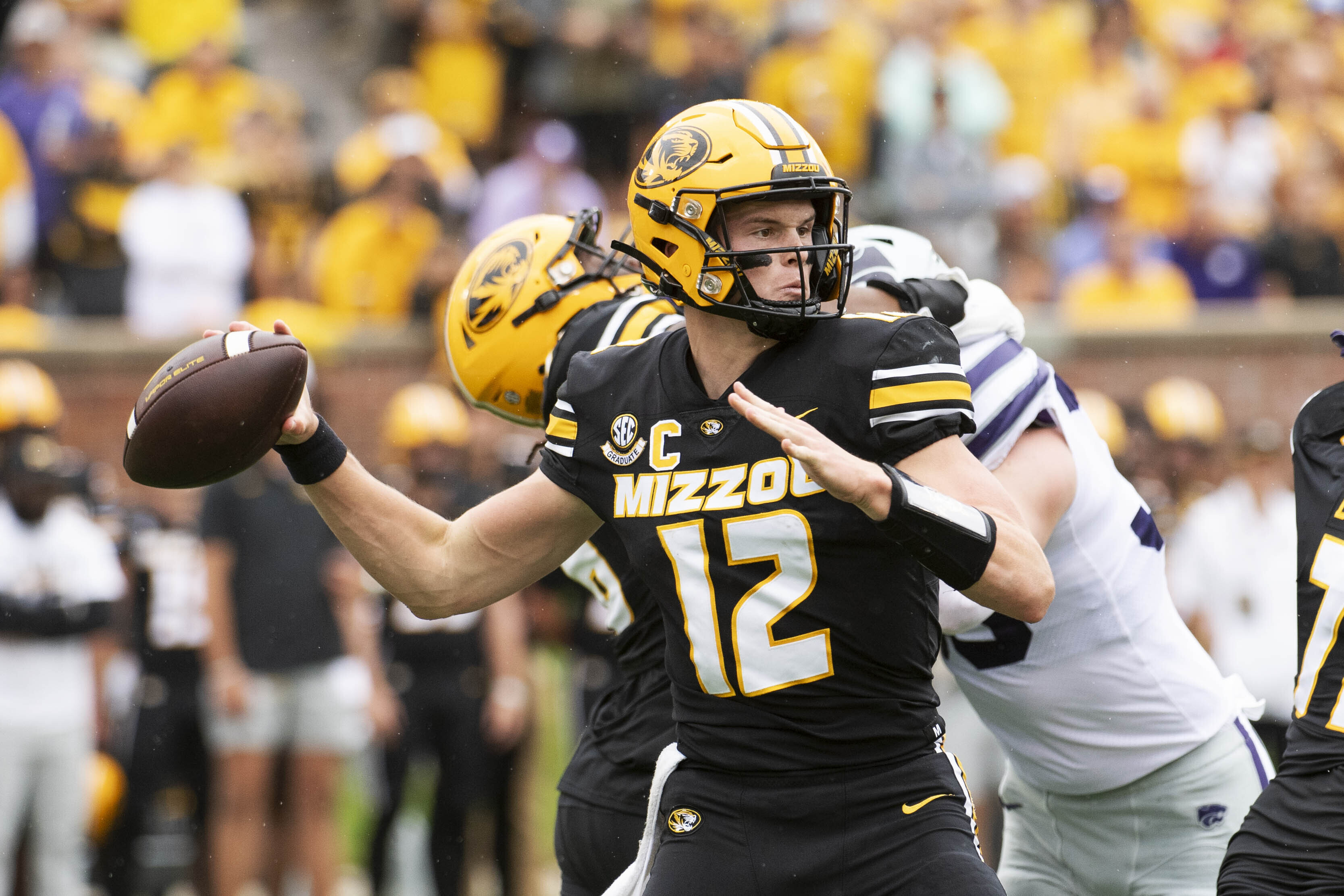 Missouri quarterback Brady Cook throws a pass during the first quarter of an NCAA college football game against Kansas State, Saturday, Sept. 16, 2023, in Columbia, Mo. 