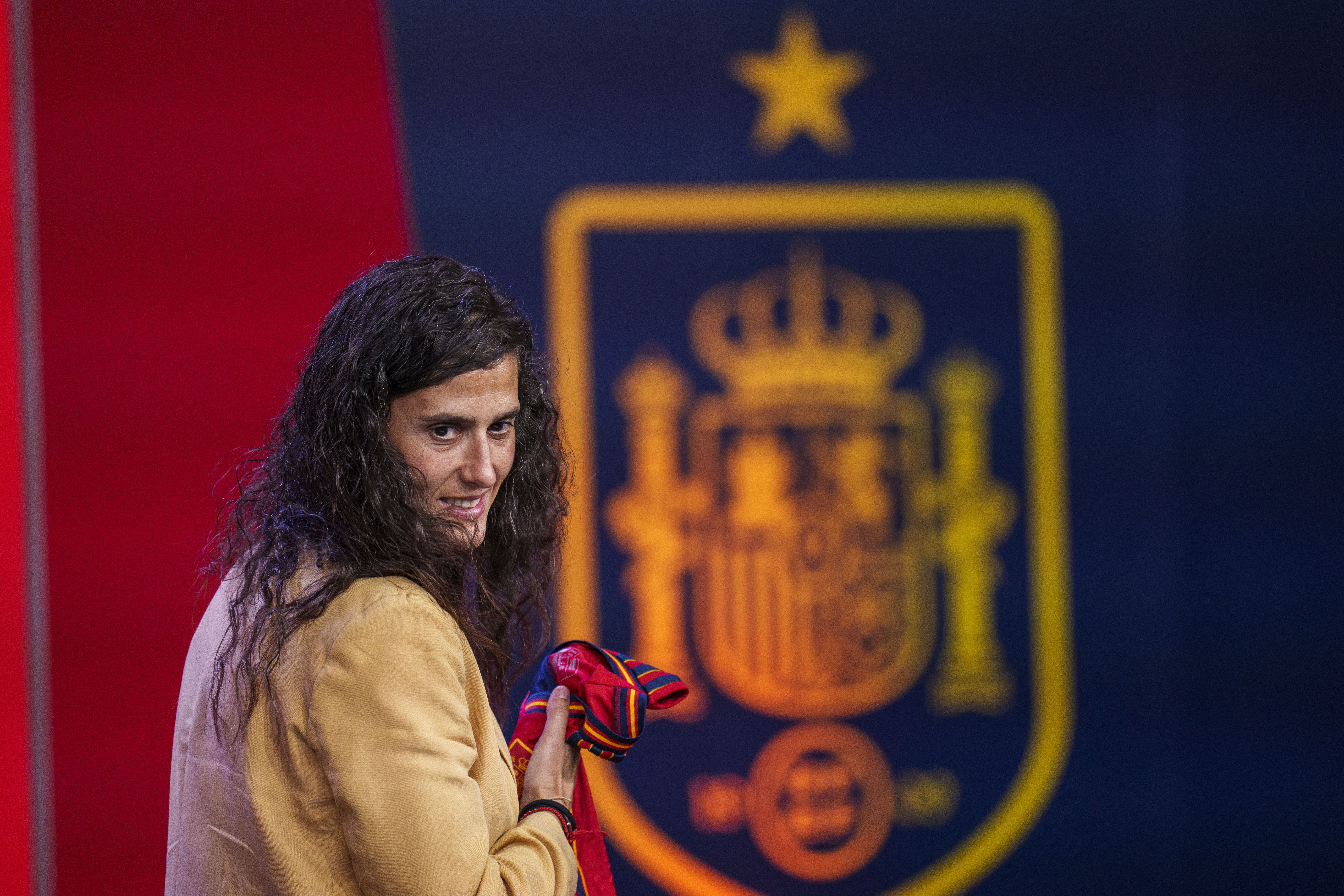 Spain's new women's national team coach Montse Tome, looks on during her official presentation at the Spanish soccer federation headquarters in Las Rozas, just outside of Madrid, Spain, Monday, Sept. 18, 2023. Tome replaced Jorge Vilda less than three weeks after Spain won the Women's World Cup title and amid the controversy involving suspended federation president Luis Rubiales who has now resigned. 