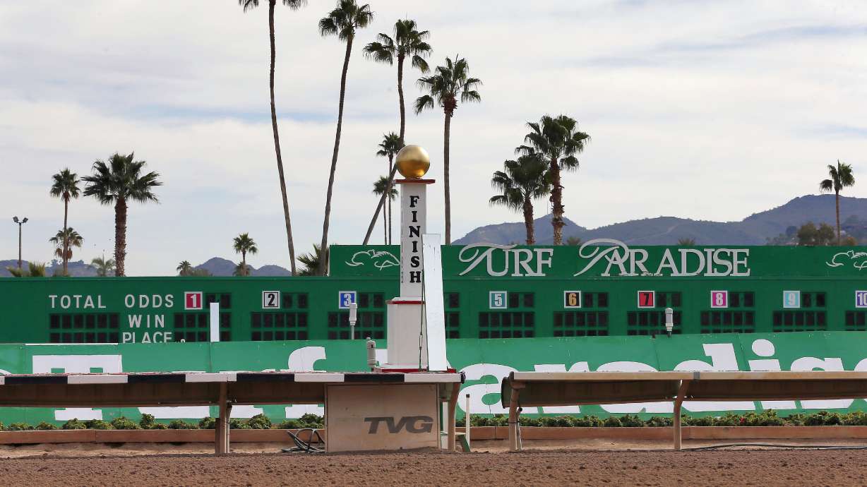 FILE -The finish line of the horse racing track at Turf Paradise is seen, Friday, Jan. 29, 2016, in Phoenix. Turf Paradise, a race track that has been a staple of horse racing in Arizona for decades, announced Monday, Sept. 18, 2023, it will cease live racing. There will be no live racing or simulcasting from the north Phoenix race track starting Oct. 1.