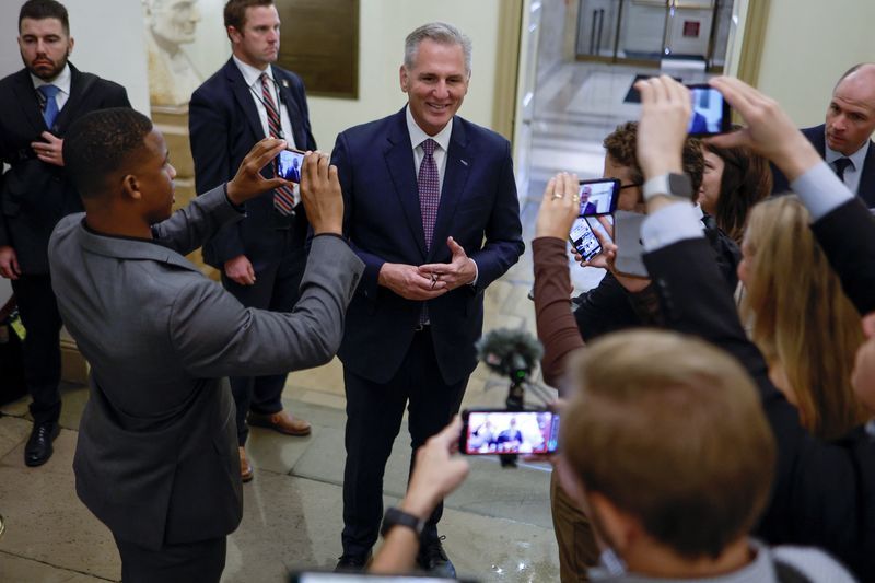 U.S. House Speaker Kevin McCarthy (R-CA) speaks with reporters as he arrives for the day at the U.S. Capitol in Washington, Sept. 18.