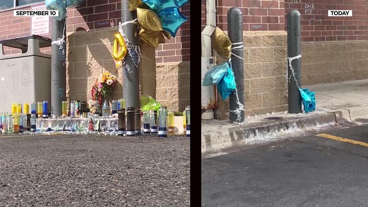 The memorial for J’kye Watkins, 18, who was fatally shot, before the vandalism (left) and after the vandalism (right) outside the Walgreens near 900 East and 2100 South in Salt Lake City.