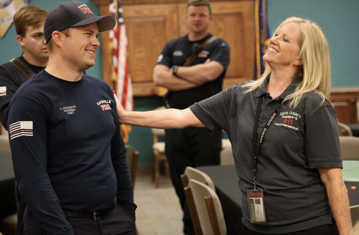 The Davis County Sheriff’s Office holds a retirement party honoring Shelley Deamer Campbell, right, on Sept. 12. Campbell spent over 40 years as a dispatcher for Clearfield and Davis County and is believed to be the county’s longest-serving dispatch worker.