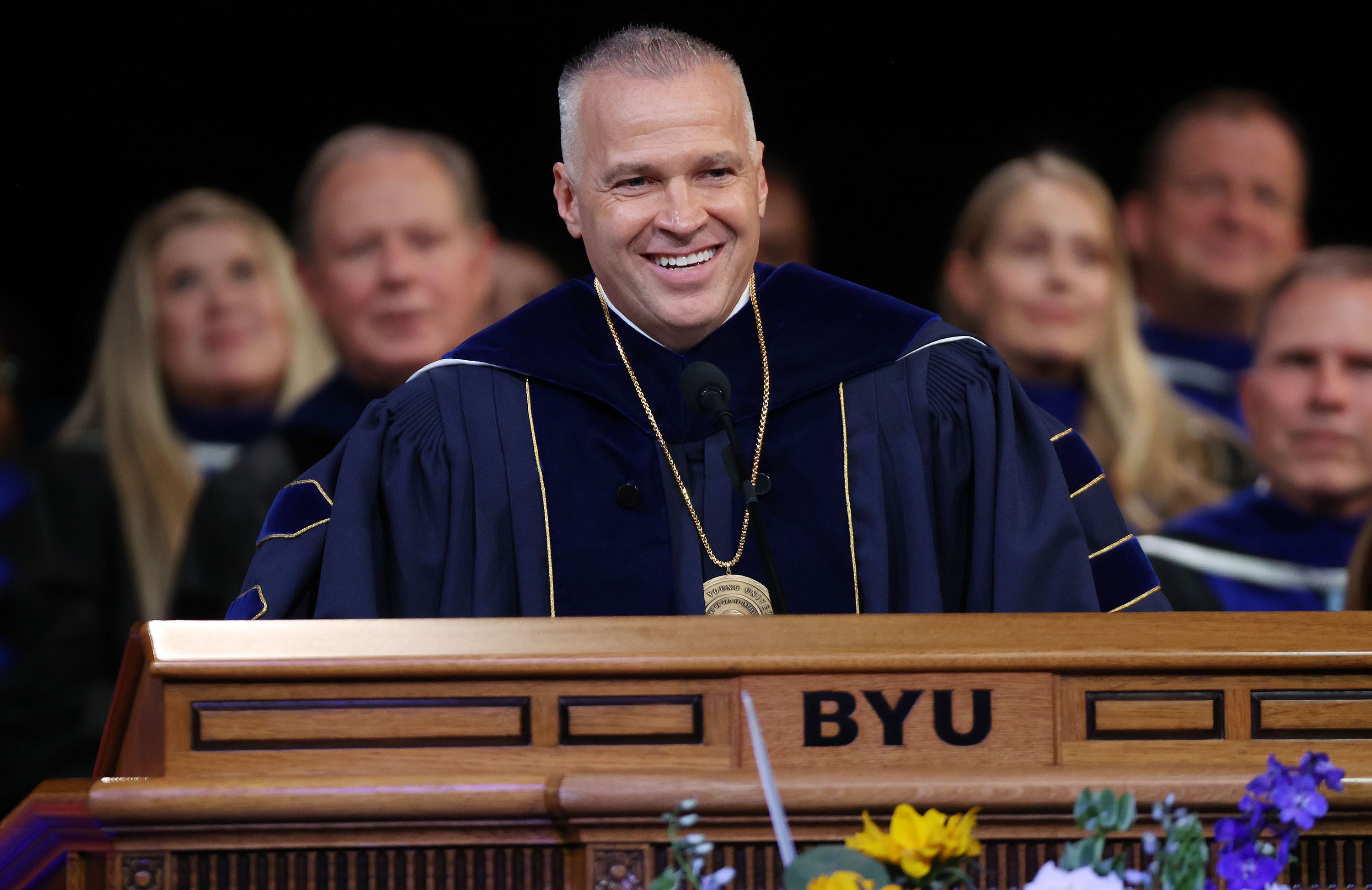 BYU President C. Shane Reese smiles as he speaks during his installation as BYU’s 14th president at the Marriott Center in Provo on Tuesday.