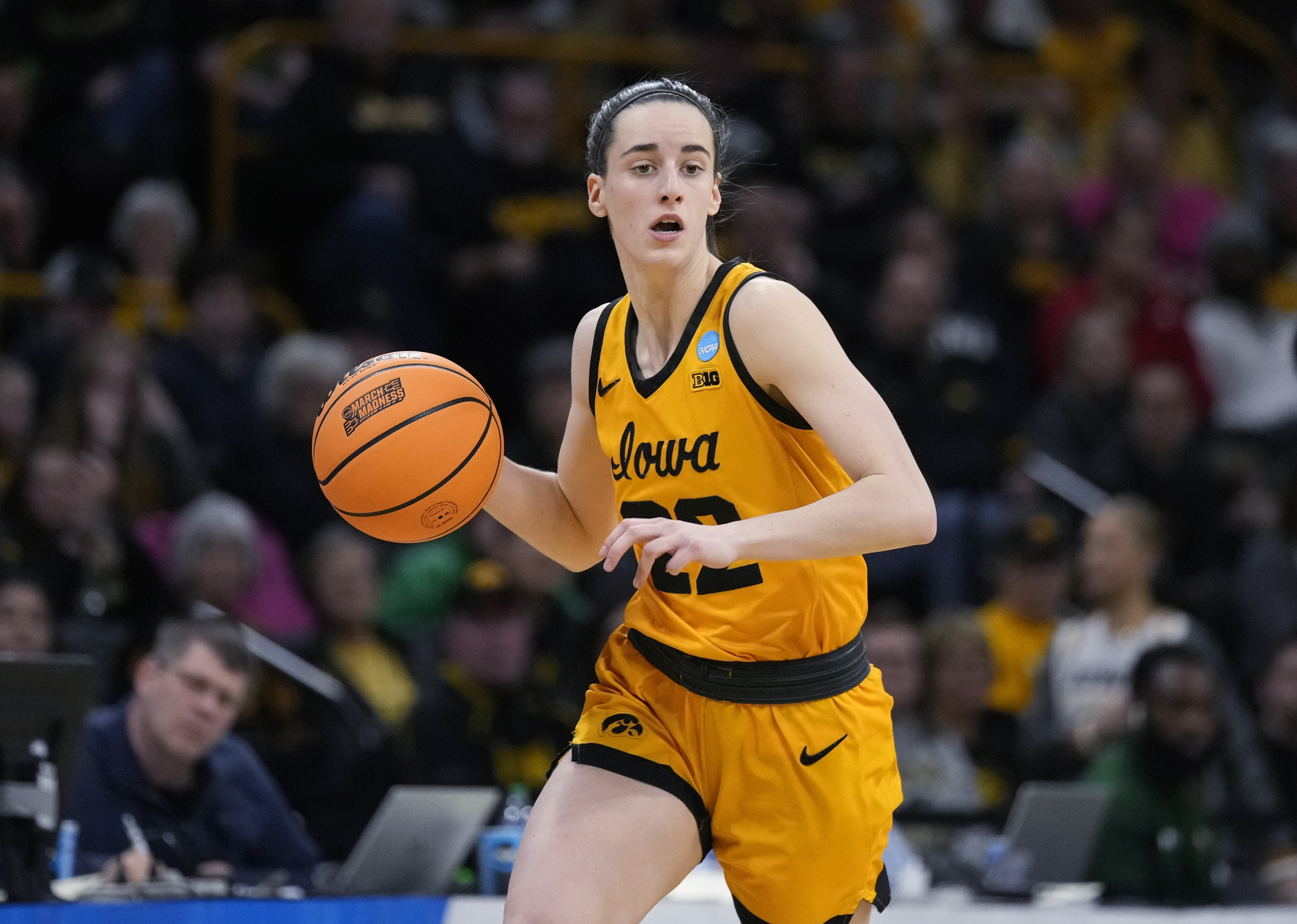 FILE - Iowa guard Caitlin Clark drives upcourt during the team's first-round game against Southeastern Louisiana in the NCAA women's college basketball tournament March 17, 2023, in Iowa City, Iowa. Clark won the 93rd AAU James E. Sullivan Award on Tuesday night, Sept. 19, as the nation's top collegiate or Olympic athlete. Clark was honored at the New York Athletic Club. Voting by the public as well as the AAU Sullivan Award committee, AAU board of directors, sports media and past winners determined the winner. 