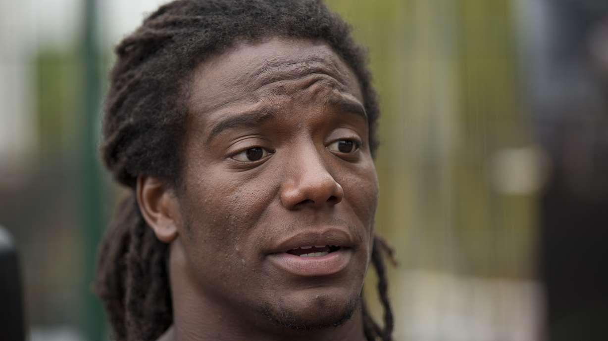 FILE - Jacksonville Jaguars safety Sergio Brown speaks during an NFL event for kids in south London, Wednesday, July 15, 2015. Authorities searched Monday, Sept. 18, 2023, for the former NFL player after his 73--year-old mother's body was found near a creek behind her suburban Chicago home.