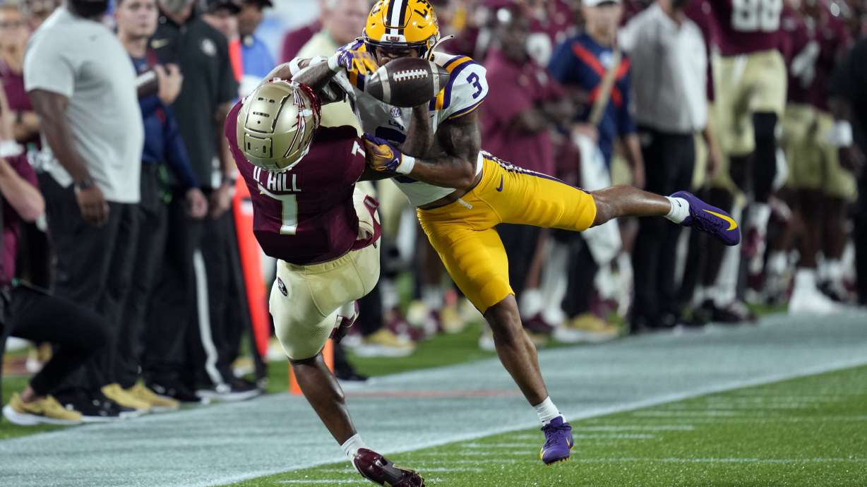 LSU safety Greg Brooks Jr. (3) breaks up a pass intended for Florida State wide receiver Destyn Hill, left, during the first half of an NCAA college football game, Sunday, Sept. 3, 2023, in Orlando, Fla.