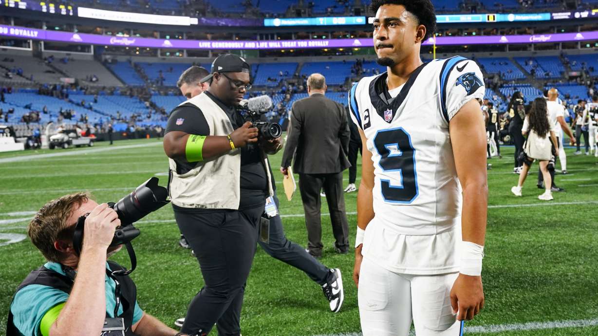 Carolina Panthers quarterback Bryce Young leaves the field after their loss against the New Orleans Saints in an NFL football game Monday, Sept. 18, 2023, in Charlotte, N.C.