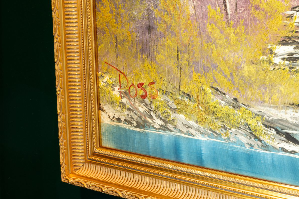 Bob Ross’ signature is shown on a painting titled “A Walk in the Woods,” which he painted on the first episode of his television show “The Joy of Painting.”