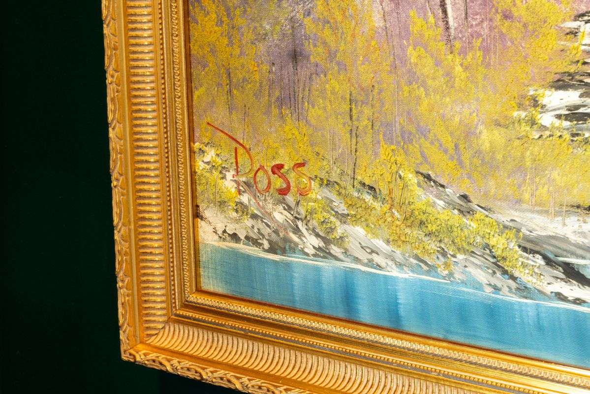 Bob Ross’ signature is shown on a painting titled “A Walk in the Woods,” which he painted on the first episode of his television show “The Joy of Painting.”