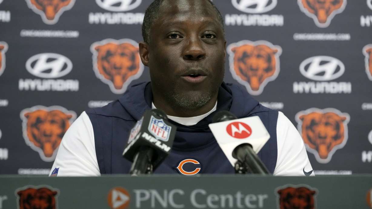 FILE - Chicago Bears defensive coordinator Alan Williams speaks at a news conference during the NFL football team's rookie minicamp at Halas Hall in Lake Forest, Ill., Friday, May 5, 2023. Williams remained away from the team Wednesday, Sept. 20, after missing a game for personal reasons, and coach Matt Eberflus would not say if he still has his job.