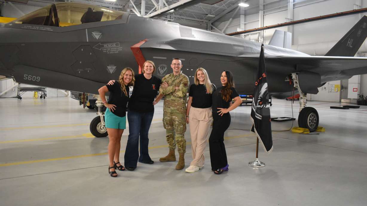 Beth Rhoades, second from left, and Aniza Brown, right, visit Hill Air Force Base to talk to the 388th Fighter Wing about the Rosie Project. Rhoades and Brown are the co-founders of the project.