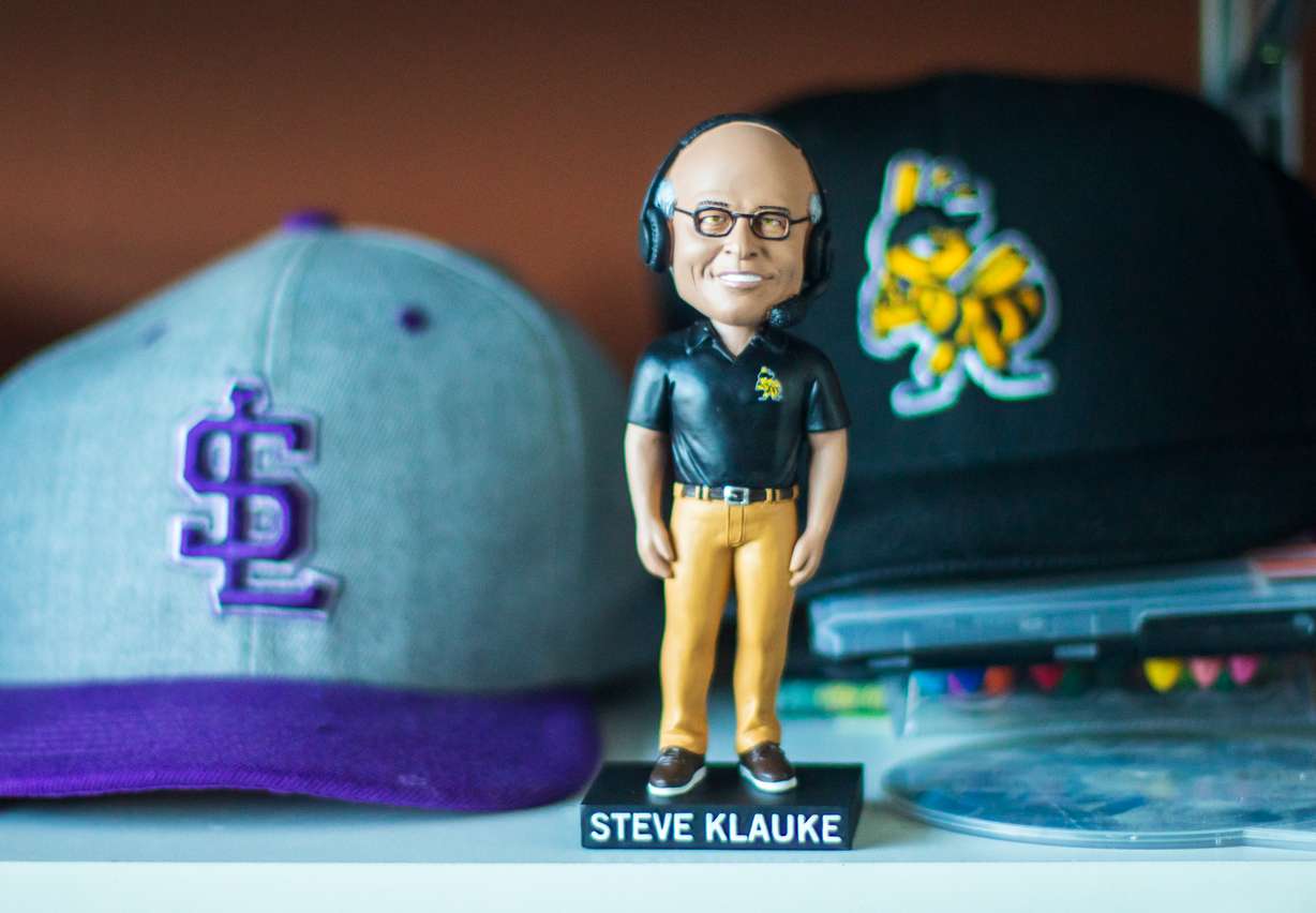 A bobblehead of Salt Lake Bees radio announcer Steve Klauke on the shelf of the home broadcast booth at Smith's Ballpark. Klauke is set to call his last Bees game on Sunday after 29 years with the team.