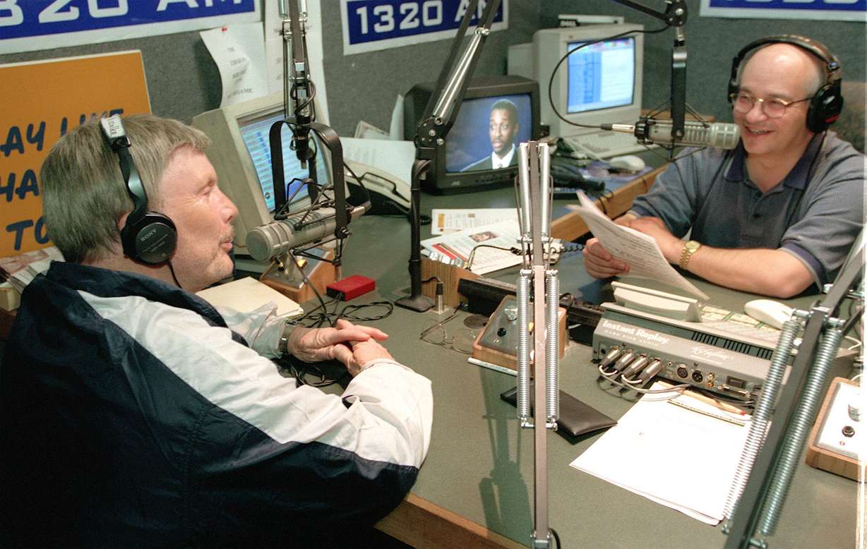 KFNZ radio (1320 KFAN) talk show hosts Tom Nissalke, left, and Steve Klauke during call-in radio show after NBA lockout end was announced on Jan. 6, 1999.