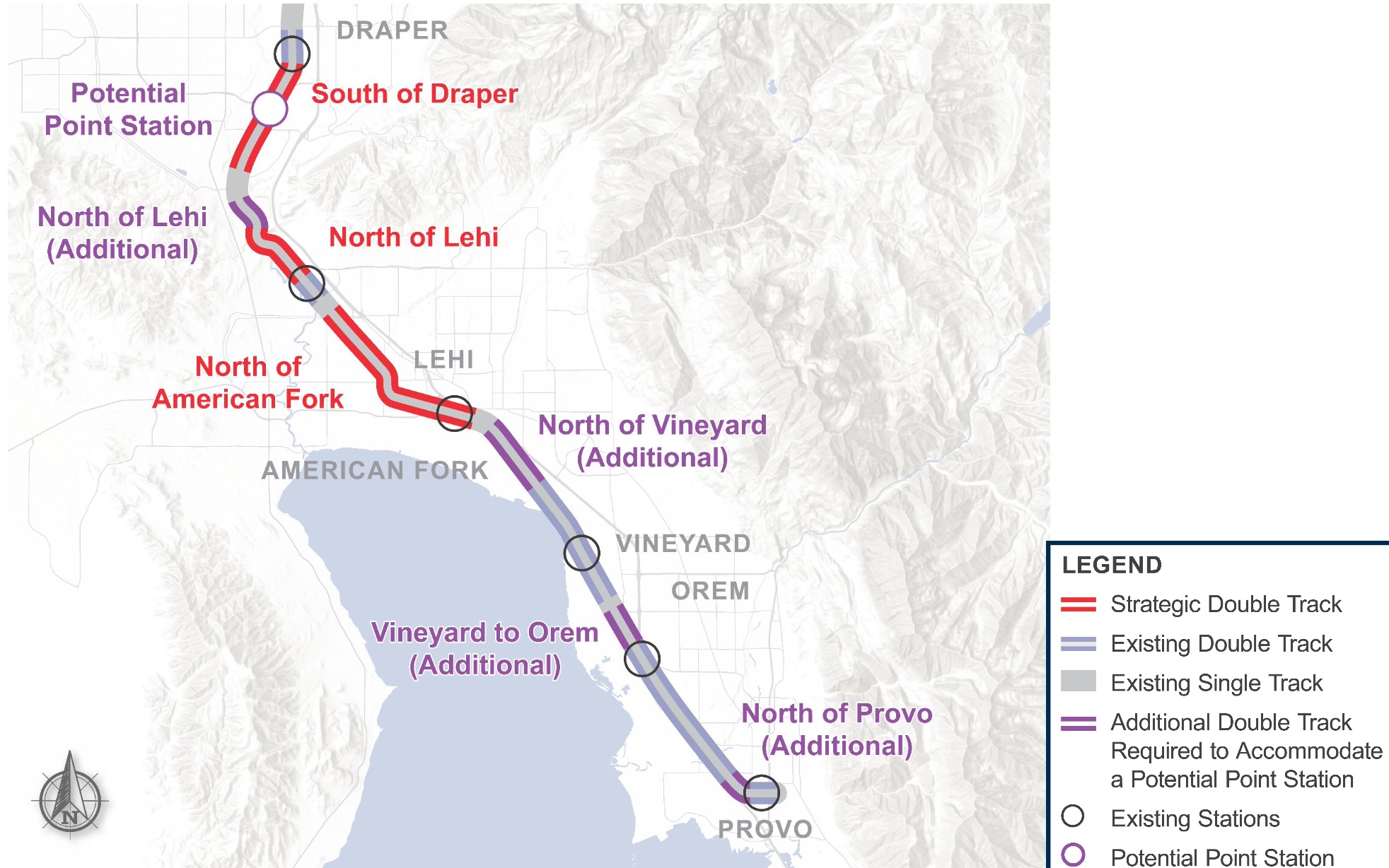 This map shows where additional double-tracking is proposed to help facilitate a new FrontRunner station by The Point in southern Salt Lake County.