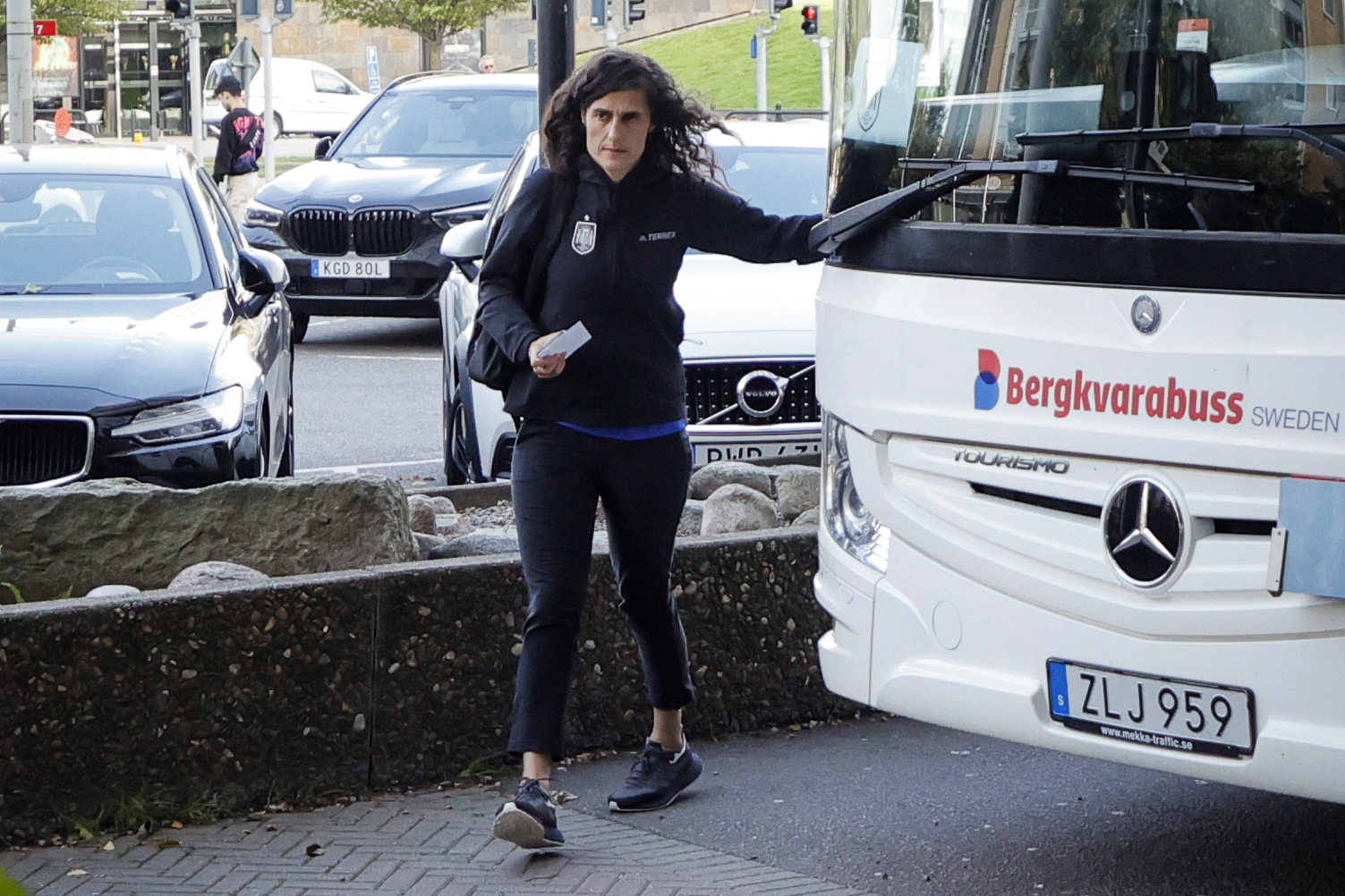Spain's women's national soccer team Montserrat Tomè arrives at the team hotel in Gothenburg, Sweden, on Thursday, Sept. 21, 2023, ahead of Friday's UEFA Nations League soccer match against Sweden.