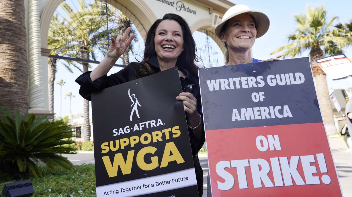 Fran Drescher and Meredith Stiehm attend a rally in Los Angeles on May 8. Discussions Thursday could bring and end to the months-long strike.