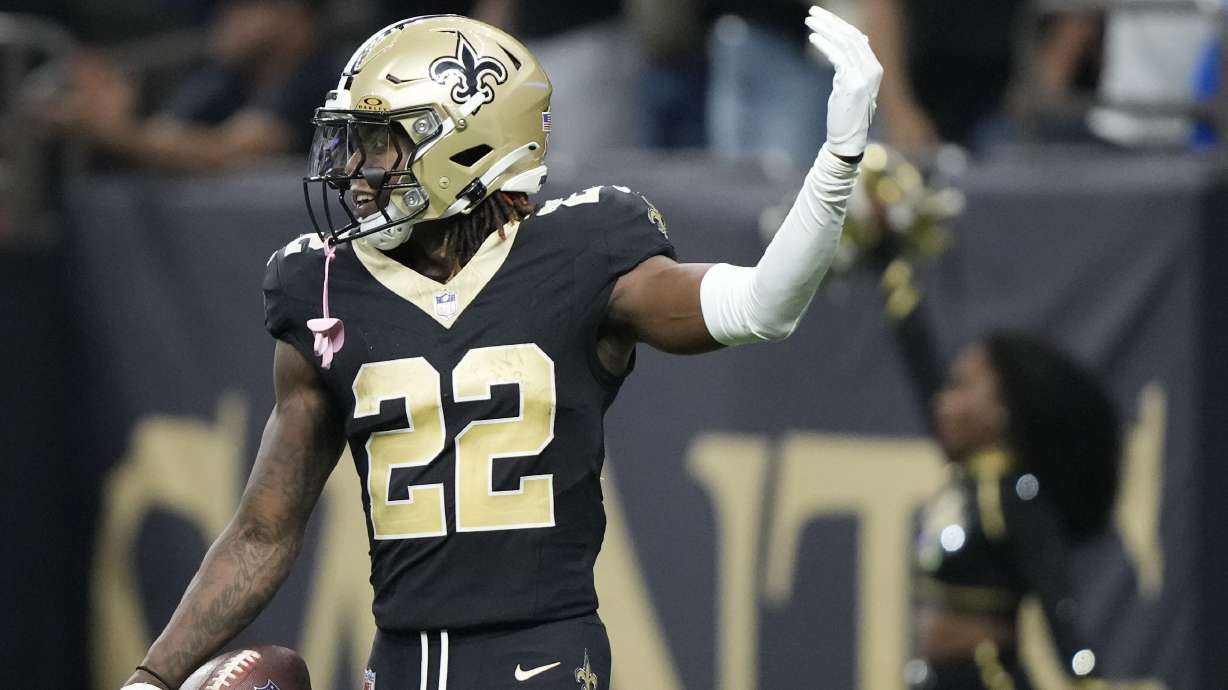 New Orleans Saints wide receiver Rashid Shaheed celebrates a 41-yard pass reception in the second half of an NFL football game against the Tennessee Titans in New Orleans, Sept. 10. The Saints won 16-15.