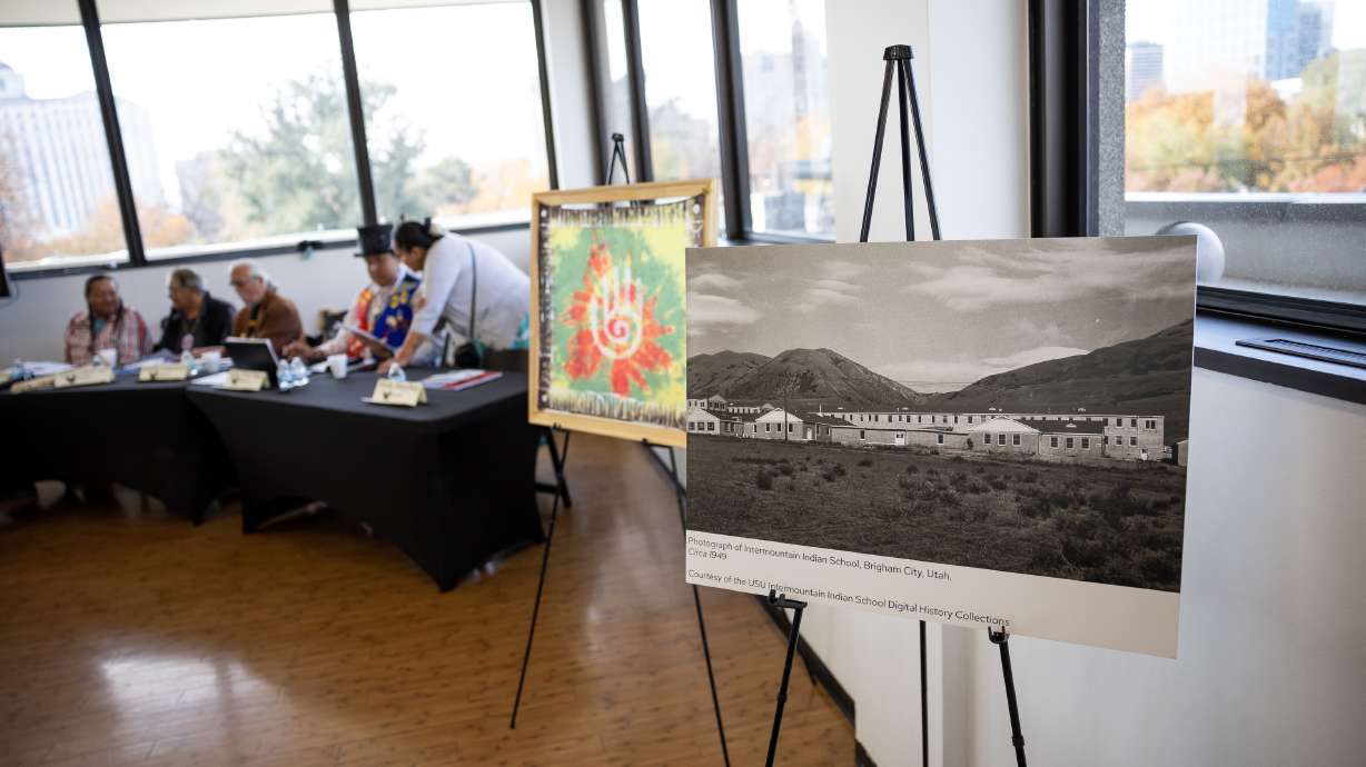 The Intermountain Indian School in Brigham City is displayed at the Leonardo Museum in Salt Lake City on Nov. 12, 2022. A new map offers a bird's-eye view of hundreds such schools across North America.