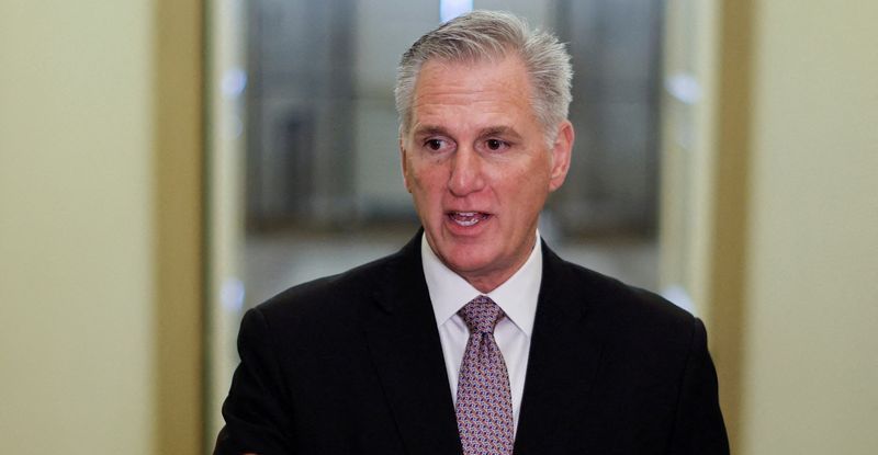 House Speaker Kevin McCarthy speaks with reporters at the Capitol in Washington, Wednesday. On Thursday, Republicans for a third time blocked a procedural vote on defense spending, raising the risk of a government shutdown.
