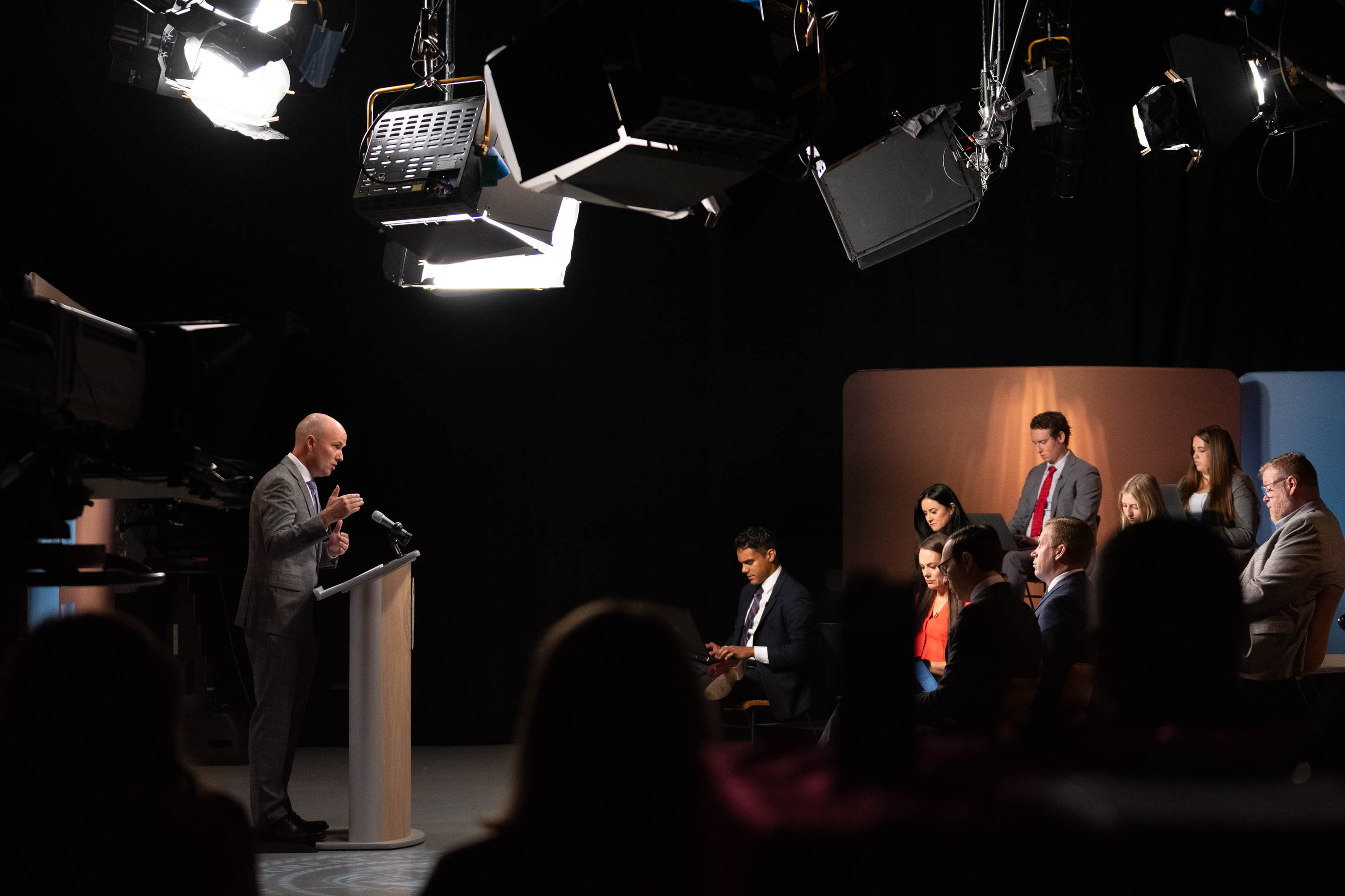 Gov. Spencer Cox speaks at his monthly PBS news conference at the Eccles Broadcast Center in Salt Lake City on Thursday.