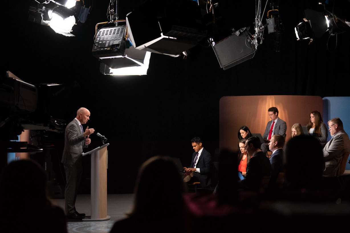 Gov. Spencer Cox speaks at his monthly PBS news conference at the Eccles Broadcast Center in Salt Lake City on Thursday.