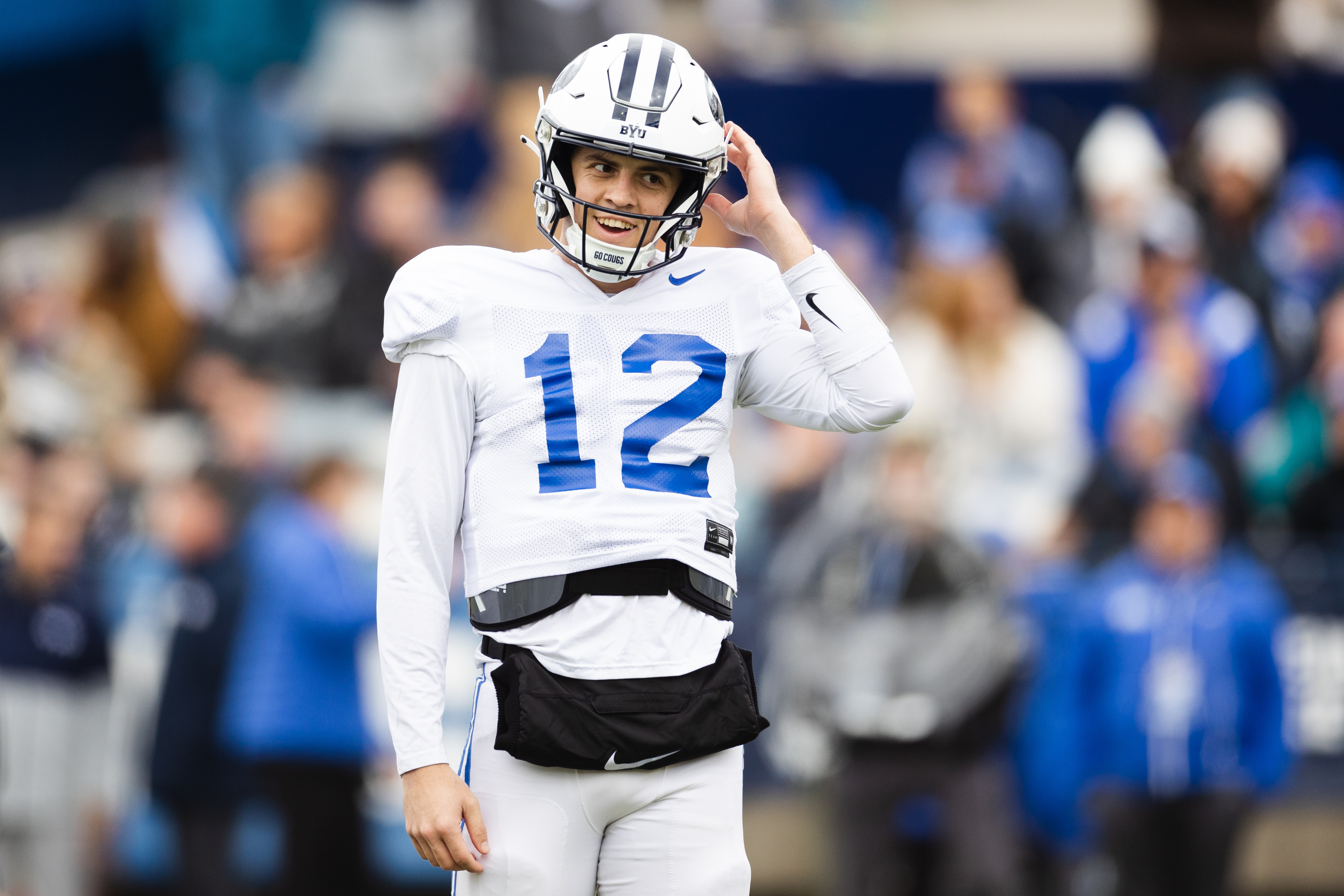 BYU Cougars quarterback Jake Retzlaff reacts during the annual BYU Blue vs. White scrimmage at LaVell Edwards Stadium in Provo on March 31.