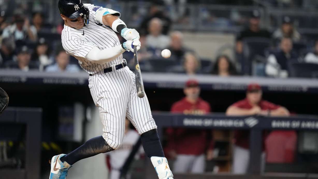 New York Yankees' Aaron Judge hits a home run against the Arizona Diamondbacks during the seventh inning of a baseball game Friday, Sept. 22, 2023, in New York.