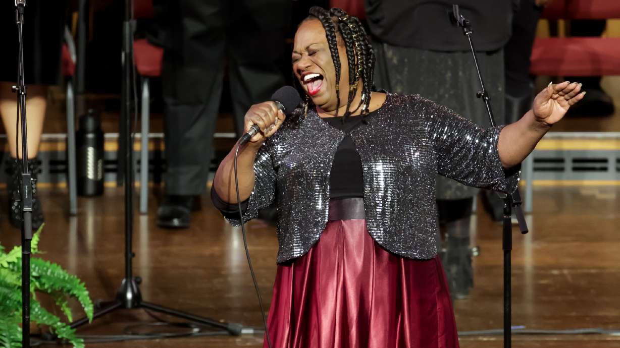 Debra Bonner leads the Debra Bonner Unity Gospel Choir at a 50th anniversary celebration for the Genesis Group at The Tabernacle on Temple Square in Salt Lake City on Saturday, Oct. 23, 2021.