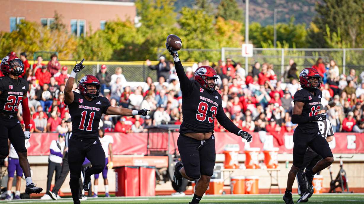 The Southern Utah defense celebrates Rylen Sua-Filo's fumble recovery.