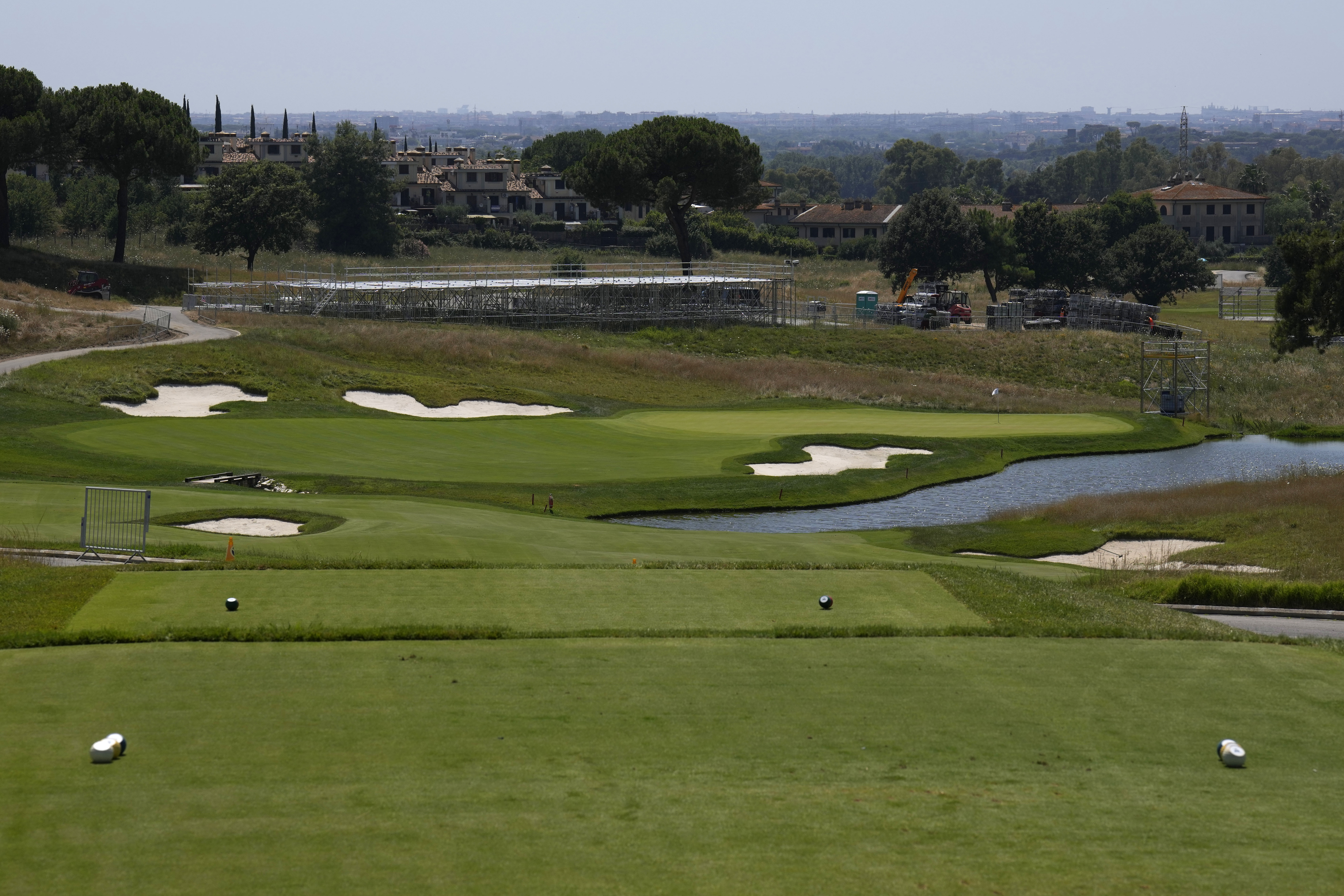 A view from the tee of hole No. 16 at the Marco Simone Club in Guidonia Montecelio, Italy, Tuesday, July 11, 2023. If there’s one hole on the course outside Rome that is destined to be decisive in this year’s Ryder Cup between the United States and Europe, it’s the driveable par-4 No. 16. The Ryder Cup will be held in Italy from Sept. 29 to Oct.1 at the Marco Simone Club in Guidonia Montecelio, on the outskirts of Rome.