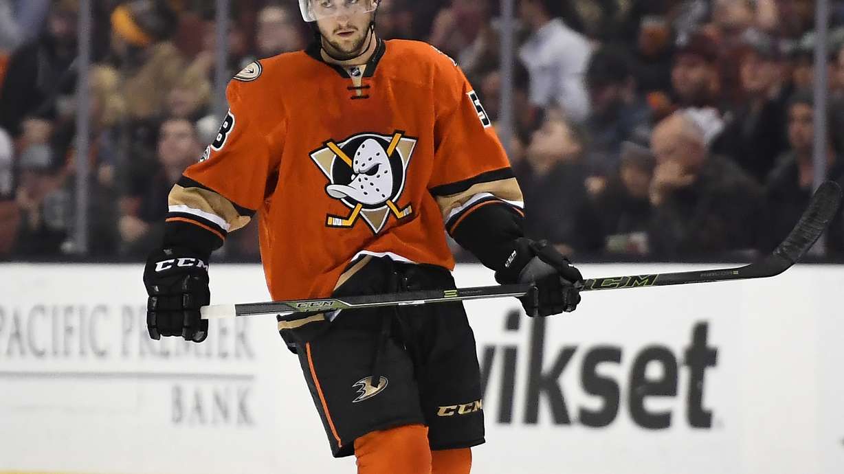 Anaheim Ducks left wing Nicolas Kerdiles stands on the ice during the second period of an NHL hockey game against the Boston Bruins, Feb. 22, 2017, in Anaheim, Calif. Kerdiles died Saturday Sept. 24, 2023 after a motorcycle crash in Nashville, according to police. He was 29.