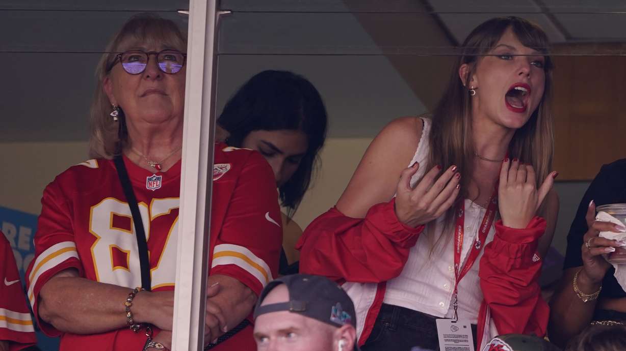 Taylor Swift, right, watches from a suite alongside Travis Kelce's mother, Donna Kelce, inside Arrowhead Stadium during the first half of an NFL football game between the Chicago Bears and Kansas City Chiefs Sunday, Sept. 24, 2023, in Kansas City, Mo.